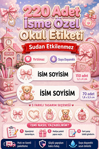 cabuk baskı Pembe Fiyonk Ayıcık Temalı Okul Etiketi 220 Adet Özel İsim Yazıla...
