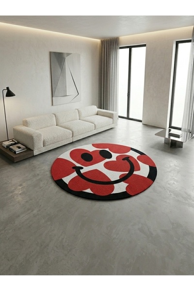Rugs Modern Halı SDT Kalp Desenli Gülen Yüz Tasarımlı Yuvarlak Kırmızı Pinter...