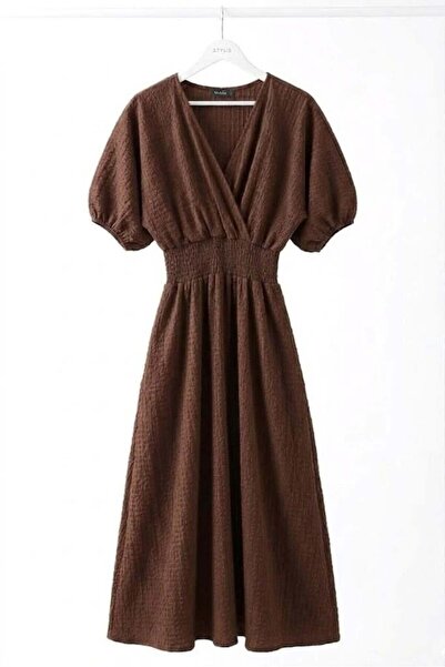 Raneel Kazançlı Alışveriş Beli Gipeli Double Breasted Collar Midi Dress Brown
