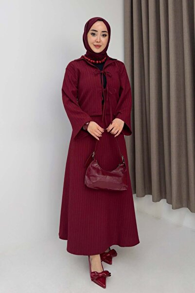 Raneel Kazançlı Alışveriş Women's Front Tie Crop Top - Skirted Set Burgundy