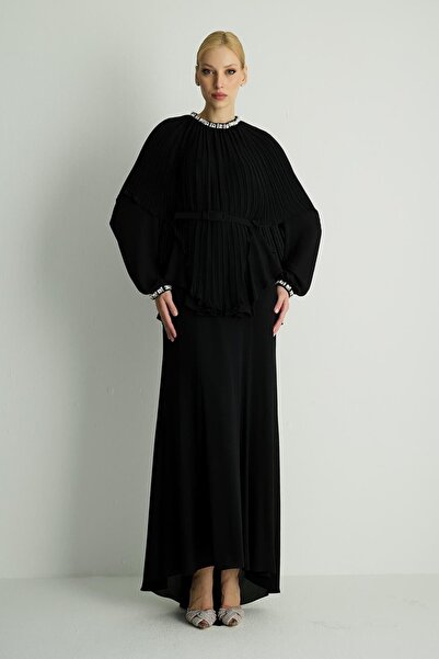 Hanımefendi Giyim Elegant Evening Dress with Pleated Collar Detail