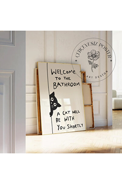 512 STORE Estetik Banyo Duvar Dekor Welcome To Bathroom Cat/Kedi Kuşe Kağıt Ç...