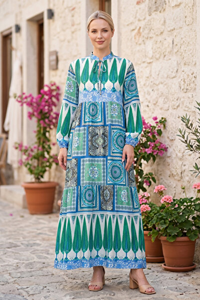 FERHEL Women's Ethnic Pattern Collared Lace-Up Dress - Blue