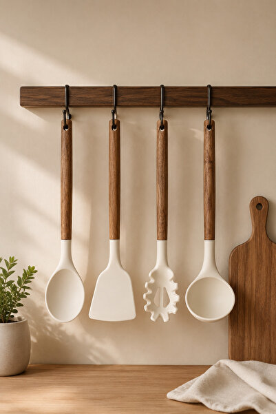 MİS KİTCHEN 4-Piece Silicone Kitchen Utensil Set with Acacia Handle, Scoop, S...
