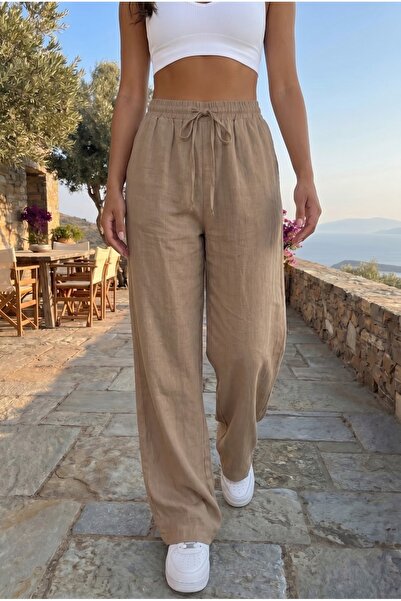 BİKELİFE Pantaloni de damă din amestec de in, cu talie elastică și croială le...