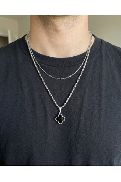 PURE BERRY 2-Piece Knitted Chain Black Leaf End Steel Necklace 45-60 cm