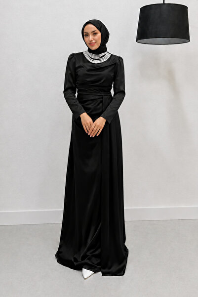 Abiye Diyarı Ravia Pearl Pendant Tail Satin Fabric Hijab Evening Dress
