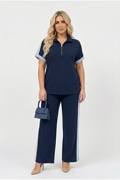 Koza Butik Women's Plus Size Short Sleeve Half Zipper Garnished Tracksuit Set...
