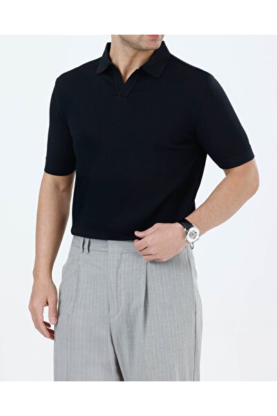 TerziAdemAltun Italian Style Slim Fit Polo Collar Knitwear T-Shirt Black T13750