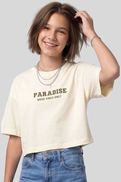 ww waka waka kids store Girl's Paradise Printed Oversize Crop T-Shirt - White