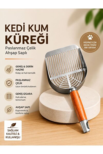 HAYHAYPETSHOP Paslanmaz Çelik Kedi Kum Küreği Ahşap Saplı Profesyonel Kum Ele...