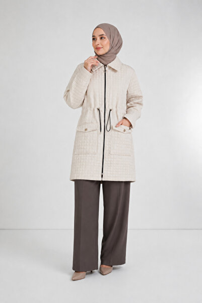 Trendline Women's Quilted Zippered Trench Coat with Elastic Waist Raincoat Cap