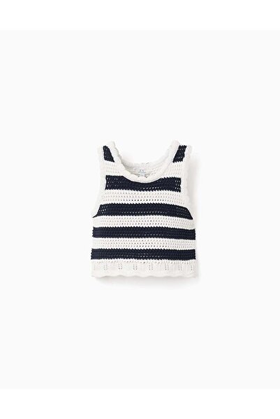 Ziddy SleeveleCotton Knitted Top With Stripes For Girls White Dark Blue
