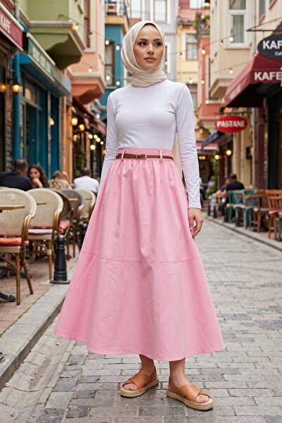 adamila Kadın Pembe Bel Kemerli Tesettür Etek Mevsimlik Rahat Kalıp Şık Trend...