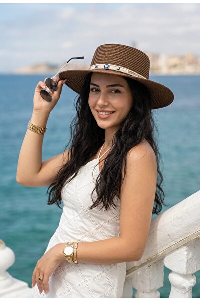 LAGRANZE Bohemian Style Evil Eye Bead Detailed Women's Straw Hat
