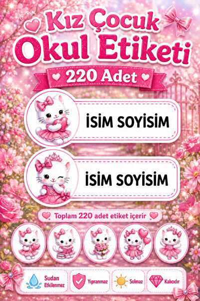 cabuk baskı Kız Çocuk Hello Kitty Temalı Okul Etiketi 220 Adet Özel İsim Yazı...