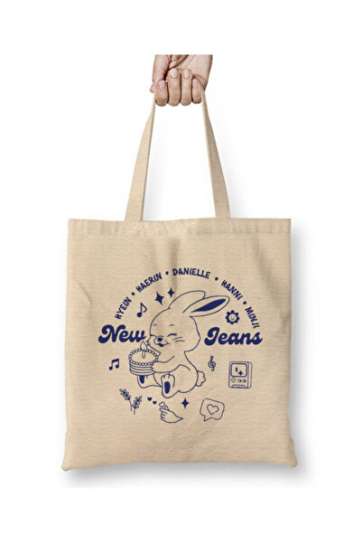 Toyaso NewJeans Kpop Beyaz Bez Çanta Uzun Saplı Alışveriş Çantası Plaj Çantası