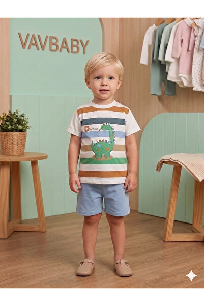 VaVbaby طقم تي شيرت وشورت مخطط بأكمام قصيرة مطبوع عليه ديناصور للأولاد - أزرق