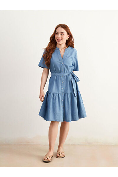 LC Waikiki Rmz Gi̇yi̇m Farkiyla Kaçık Roba Collared Belted Mini Jean Dress
