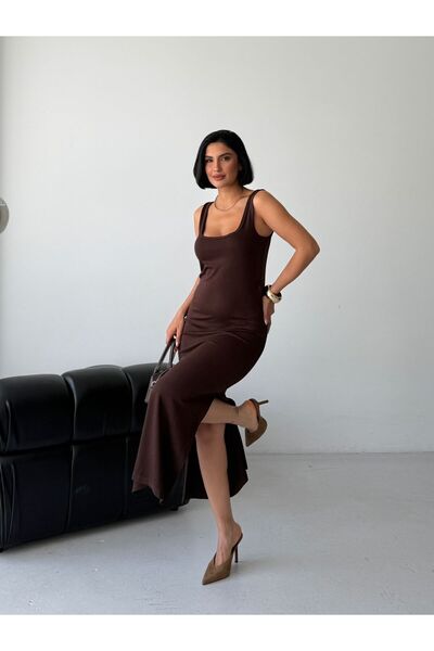 OTAKU Women's Brown Square Neck Strap Stretchy Midi Knit Dress