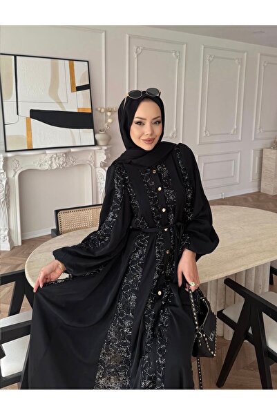 Sara Deluxe فستان حجاب فاخر بتفاصيل دانتيل وحزام - تصميم أنيق وفاخر