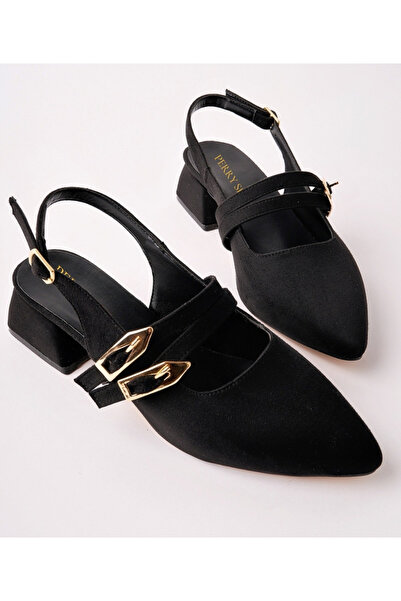 perry shoes Vernis Women's Black Suede Double Tape Buckle Pointed Toe Slingba...