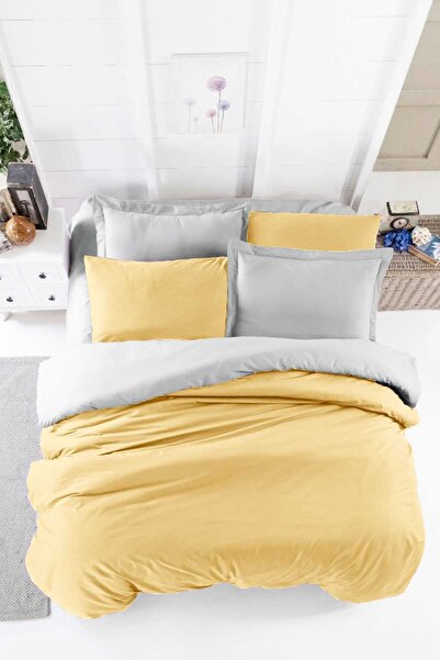 BAYÇAĞRI Double Fitted Sheet Duvet Cover Set Cotton Four Season Mustard Gray