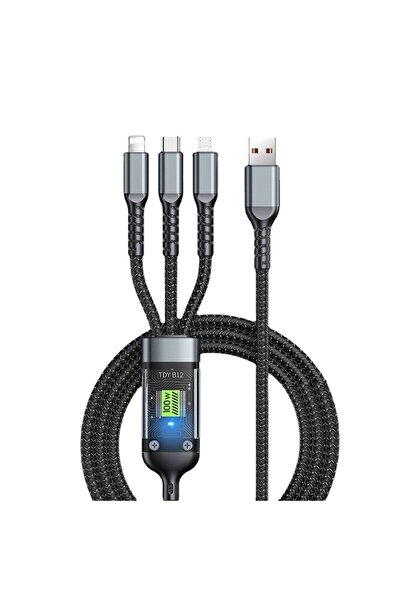 Choice كابل شحن سريع شفاف 3 في 1 بطول 1.2 متر، أسود، 100 واط، نوع C و USB ميك...