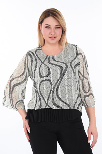 KİFAYET Plus Size Crew Neck Abstract Patterned Chiffon Pleated Women's Evenin...