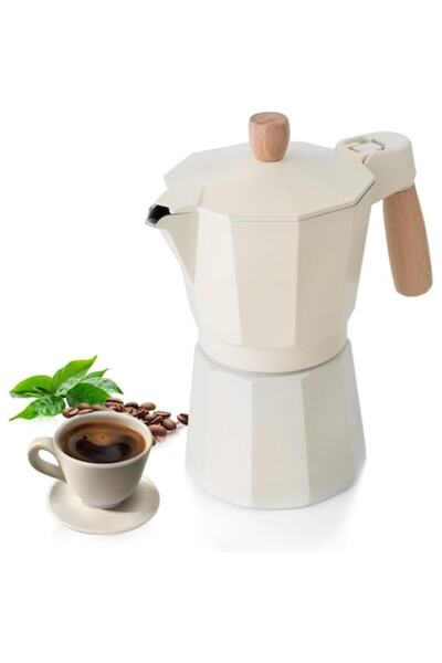 OEM Cafetieră Moka, 6 cesti, aluminiu, maner lemn, 19.8x8.8cm, crem