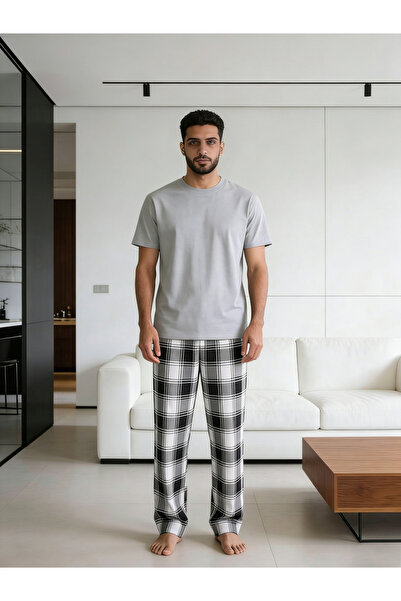 Take Two By Styli Men Grey T-Shirt and Checkered Pyjama Set