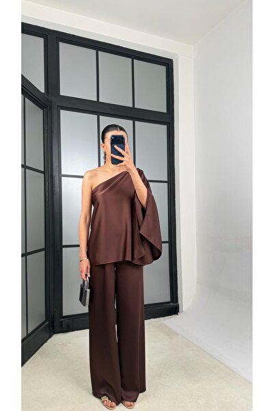 GAUS CO Kahve Yarasa Kol Bluz Beli Lastikli Pantolon Saten Takım GAUS-01528