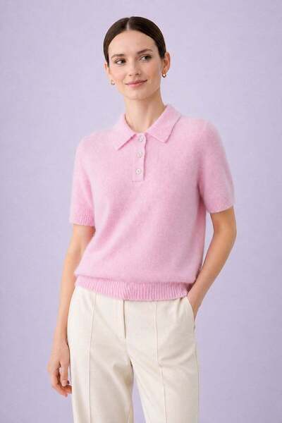 Ferraro Pink Polo Collar Buttoned Short Sleeve Knitwear Blouse