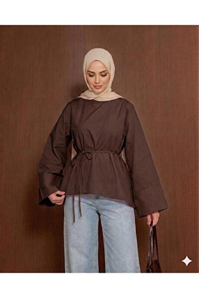 onlymoon Brown • Cotton Asymmetrical Cut Shirt • Oversized Tunic with Tie at ...