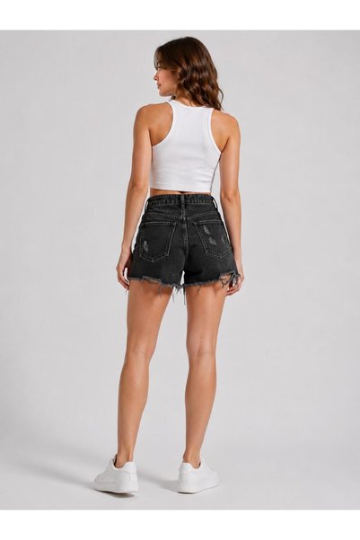 Fro line Women's Black Color Shorts 3413_W4 High Waist 100% Cotton Bermuda Shorts