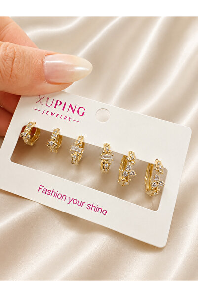 SERENİTY BİJUTERİ Xuping 14K Gold Rengi Taşlı 3 Çift Çelik Kadın Halka Küpe 6...