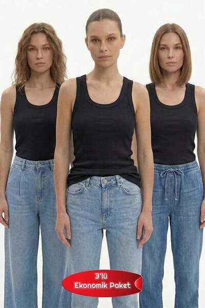 Lady Bom Women's 3-Piece Economical Pack Black Undershirt Set Cotton Ribbed U...