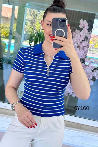 İnce Topuk Polo Collar Ribbed Camisole Tshirt with Zipper on the Collar 6Y160