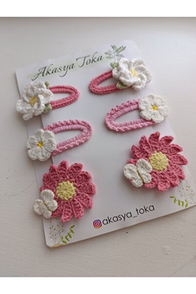 Akasya El Emeği Örgü Pembe Çiçekli Çıtçıt Toka Set Kız Çocuk Bebek
