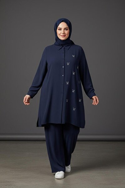 wiyana soff Plus Size Linen Stone Detailed Top-Bottom Set