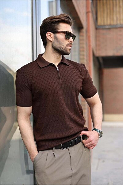 Madmext Bitter Brown Polo Collar Knitted Patterned Knitwear Men's T-Shirt E7489