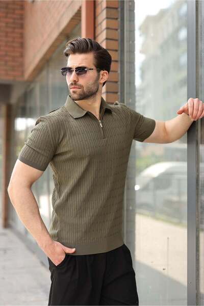 Madmext Khaki Polo Collar Knitted Patterned Knitwear Men's T-Shirt E7489
