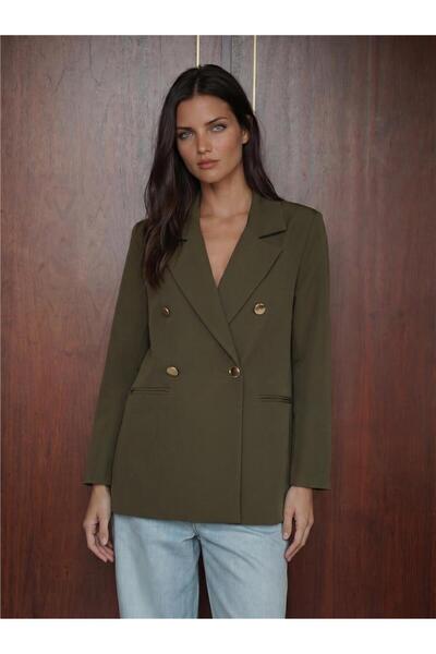 WeShaya Khaki Polyester Lycra Fabric Double-Breasted Collar Button Detailed B...