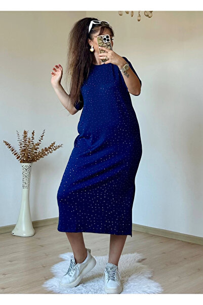 AZRA BUTİK Stone Embellished Dress Navy Blue