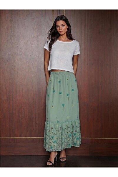 WeShaya Çağla Patterned Chiffon High Waist Long Flared Skirt 8010