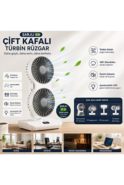 Tastech HR001 Çift Kafalı Vntilatör Otomatik Salınımlı Şarjlı Masaüstü ve Duv...