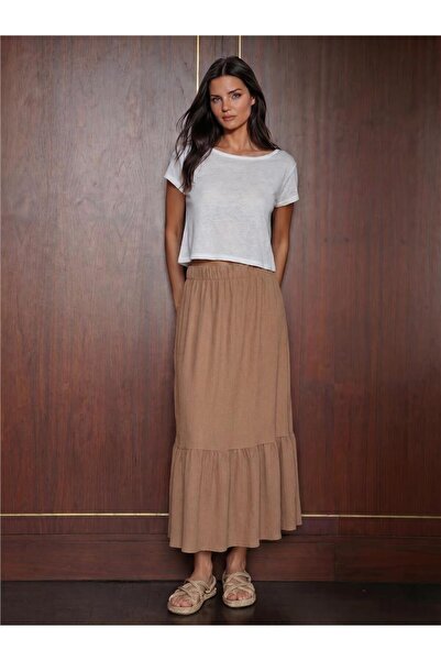 WeShaya Camel Stretchy Textured Long Knitted Skirt, High Waist Straight Cut C...