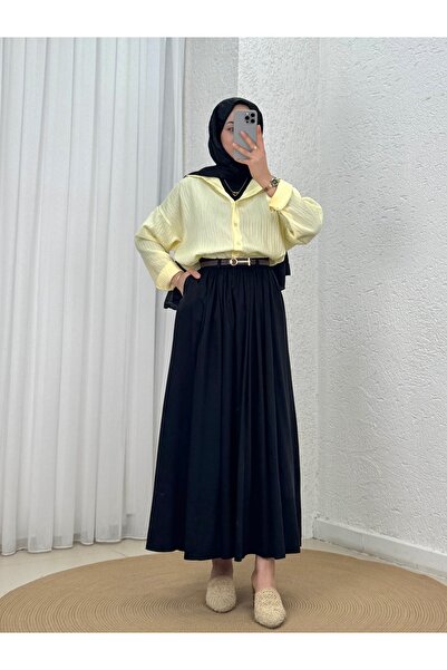 MİHRA STORE Seniha Gathered Double Pocket Belted Skirt-Pa203 Black