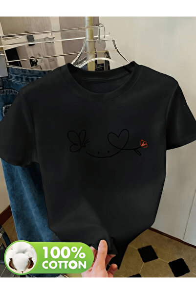one button Tricou supradimensionat premium cu imprimeu cu detaliu fluture și ...