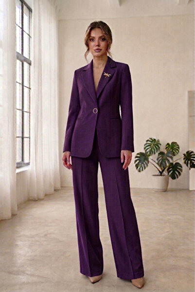 diaves Purple Women's Accessory Lined Single Button Blazer Jacket & Fabric Tr...